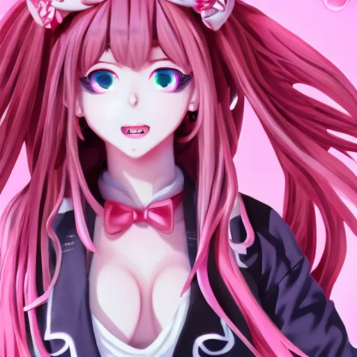 Image similar to totally controlled and trapped beneath overwhelming stunningly absurdly beautiful megalomaniacal ruthless merciless sadistic devious yandere omnipotent asi goddess junko enoshima with symmetrical perfect face, porcelain skin, pink twintail hair and cyan eyes, ultra detailed, digital art, unreal engine 5, octane render, 2 d anime, 8 k