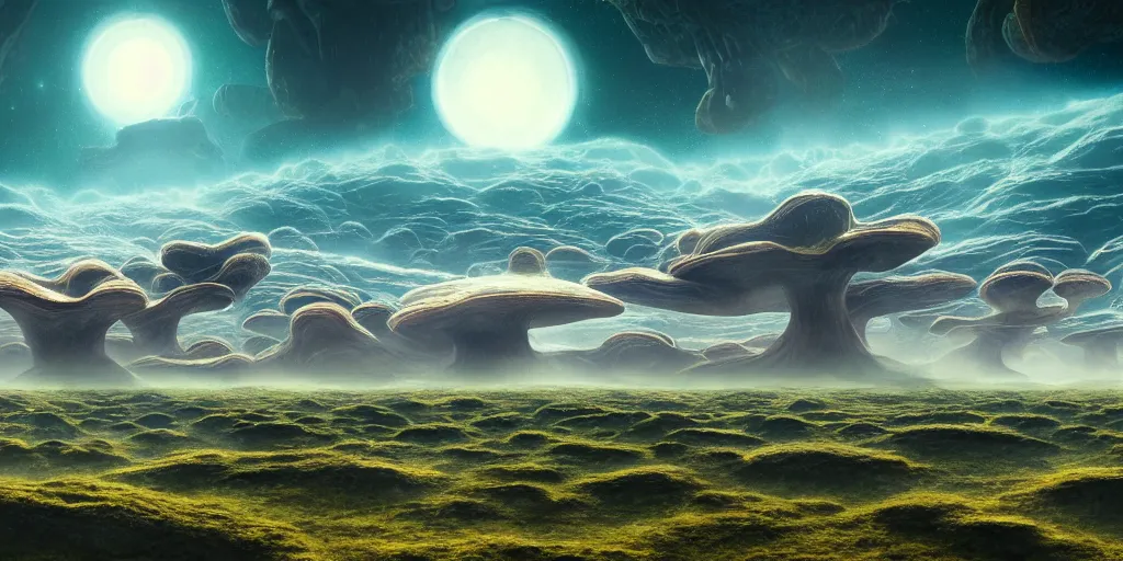 Prompt: a view of a surreal alien variated planetary landscape with gigantic fungus scattered across the vast landscapes, surreal clouds, floating islands, 4 k, retro, detailed, beautiful view, vibrant, trending on artstation