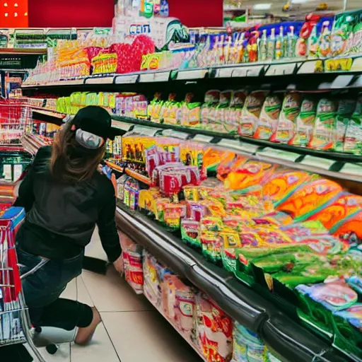 Image similar to mid shot of an alien buying groceries at the store shot by amanda carlson and alex strelkovv, professional photo, masterpiece, very detailed, hyper - realistic, cinematic, 4 k