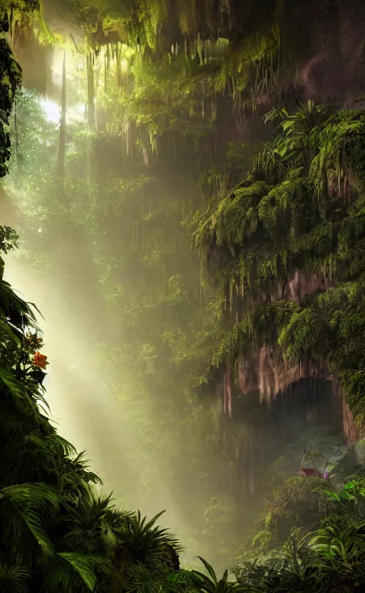 Image similar to a beautiful render of a dark prehistoric rainforest in a humongous cave, lush flora, patches of yellowish - red - magenta sky, sunset lighting, fireflies, floating mountains and a waterfall in the background, intricate detail, hazy, humid, volumetric lighting, god rays, 8 k, photorealistic, raytracing effects, unreal engine 5