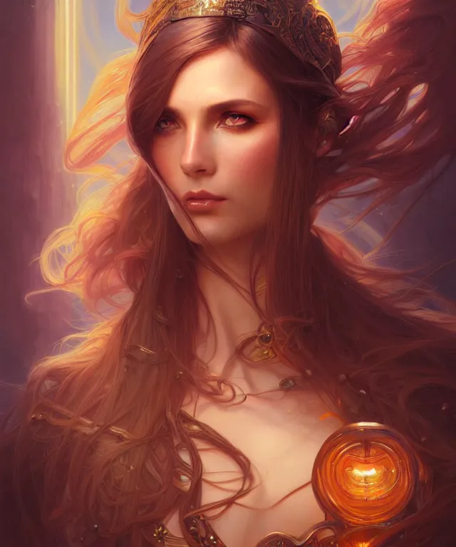 Image similar to fantasy magic woman portrait, sci-fi, amber eyes, face, long hair, fantasy, intricate, elegant, highly detailed, digital painting, artstation, concept art, smooth, sharp focus, illustration, art by artgerm and greg rutkowski and alphonse mucha