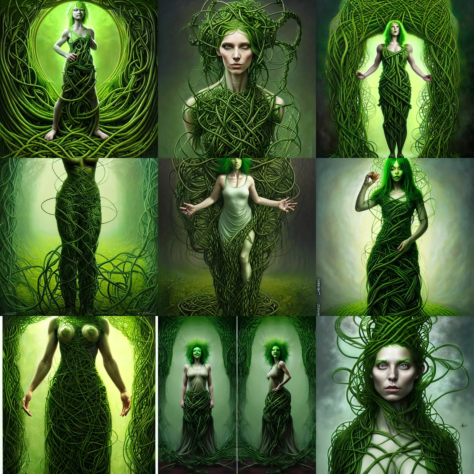 Prompt: a girl with green hair, wearing a dress made of vines, Full-body plan, ultra detailed, by Tomasz Alen Kopera and Peter Mohrbacher