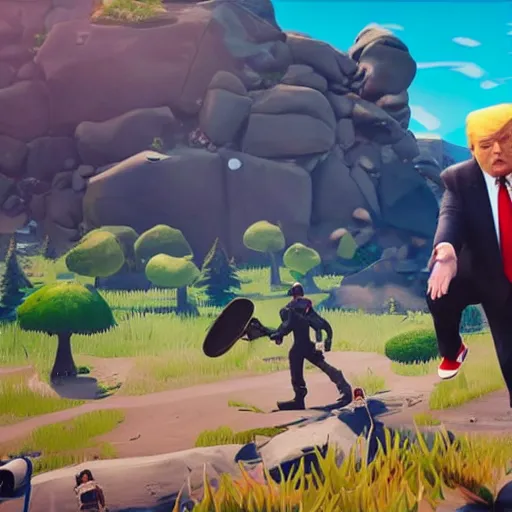 Image similar to Donald trump in Fortnite game, realistic artstyle, wide shot, dramatic lighting, octane render, hyperrealistic, high quality, highly detailed, HD, beautiful, cinematic, 8k, unreal engine, facial accuracy, symmetrical