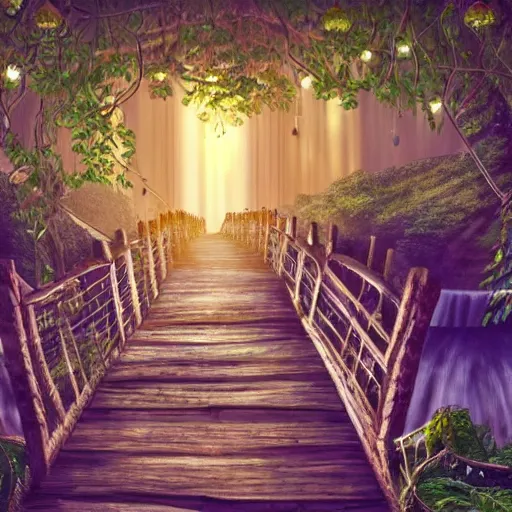 Prompt: professional digital art of a library in a forest with wooden bridges and waterfalls, cozy, lanterns, fairy lights, nature, plants, vines, bridges, ladders, pond, trickling water, fantasy, high quality, hd, 4 k, 8 k