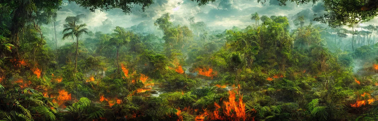 Image similar to painting of a jungle on fire!! scene on an alien planet by vincent bons. ultra sharp high quality digital render. detailed. beautiful landscape. weird vegetation. water.