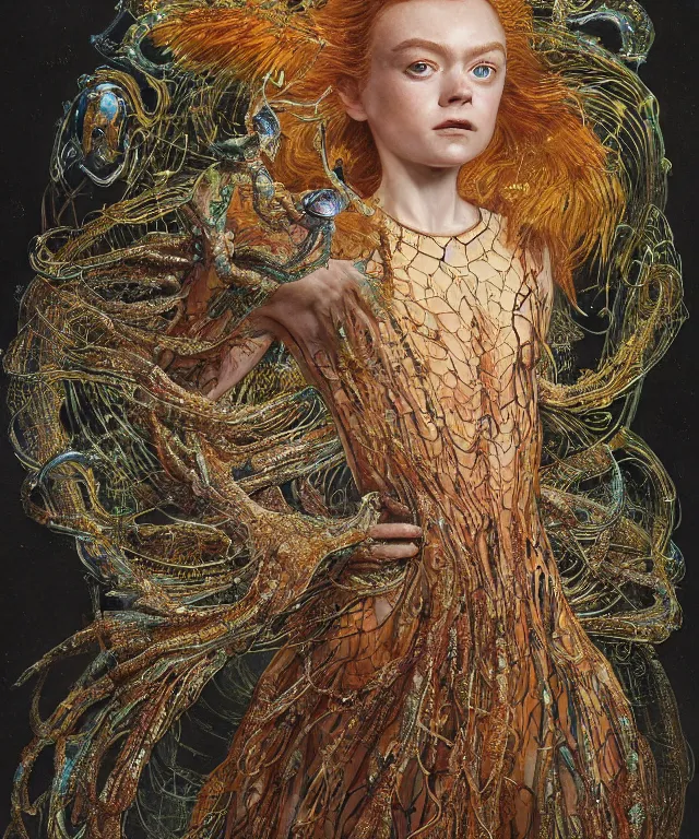 Prompt: a portrait photograph of a fierce sadie sink as a strong alien harpy queen with amphibian skin. she trying on a glowing and fiery lace shiny metal slimy organic membrane parasite lace dress and transforming into an evil insectoid snake bird. by donato giancola, walton ford, ernst haeckel, peter mohrbacher, hr giger. 8 k, cgsociety