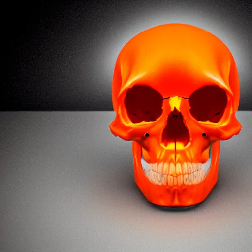 Image similar to real human skull with circular orange light electronic eyes in eye holes