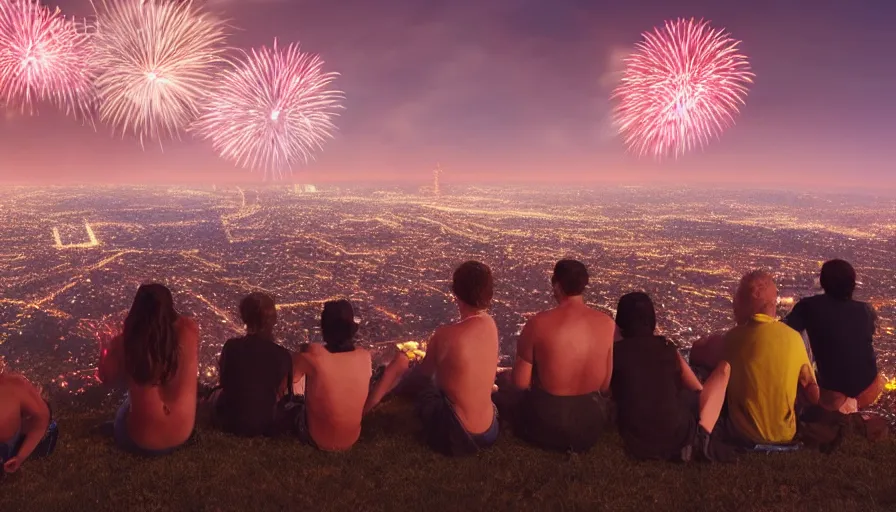 Image similar to people sitting on a hill watching fireworks above los angeles, hyperdetailed, artstation, cgsociety, 8 k