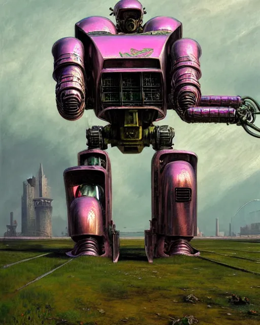 Image similar to hyperrealistic hyperdetailed medieval mecha iridescent pink performing war concept art santiago caruso de chirico sharp very dramatic green light 8k low angle shallow depth of field