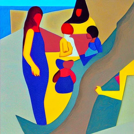 Prompt: women weaving the story of life on the rocks by the seashore, high quality art in the style of cubism and georgia o’keefe,