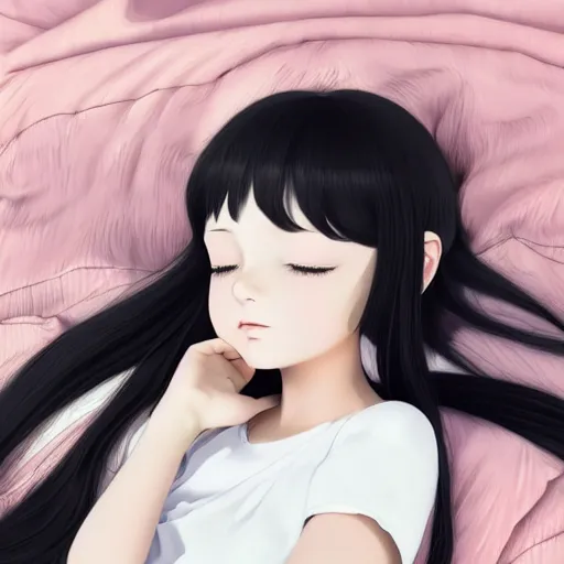 Prompt: little girl with an long black hair dressed in a simple white dress sleeping, anime art style, digital art ilya kuvshinov, inspired by balthus, hd, 4 k, hyper detailed, top view, dark