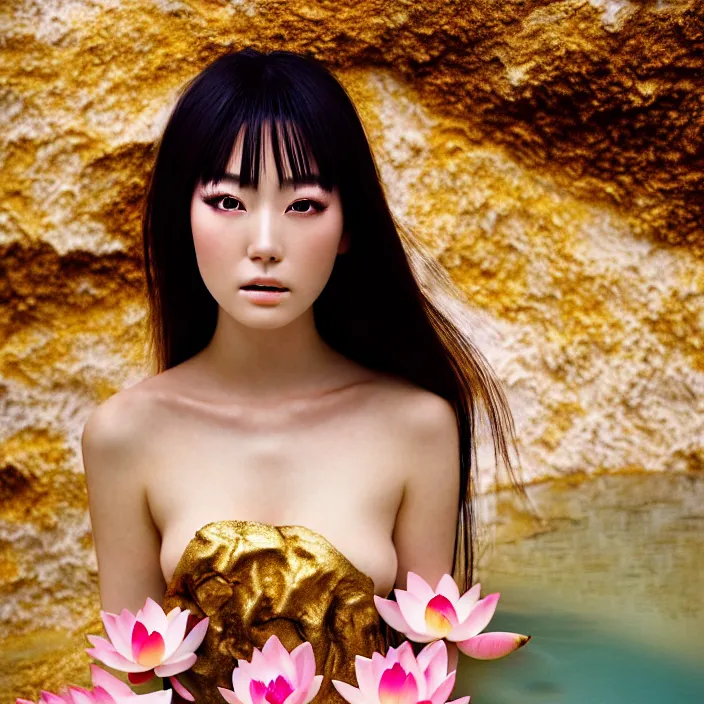 Image similar to Kodak Portra 400, 8K, soft light, volumetric lighting, highly detailed, Rena Nounen style 3/4 ,portrait photo of a Japanese ravishing Goddess by WLOP, the face emerges from a lava flowing gold travertine terraces with lotus flowers, inspired by Ophelia paint , a beautiful chic dress and hair are intricate with highly detailed realistic beautiful flowers , Realistic, Refined, Highly Detailed, ethereal lighting colors scheme, outdoor fine art photography, Hyper realistic, photo realistic