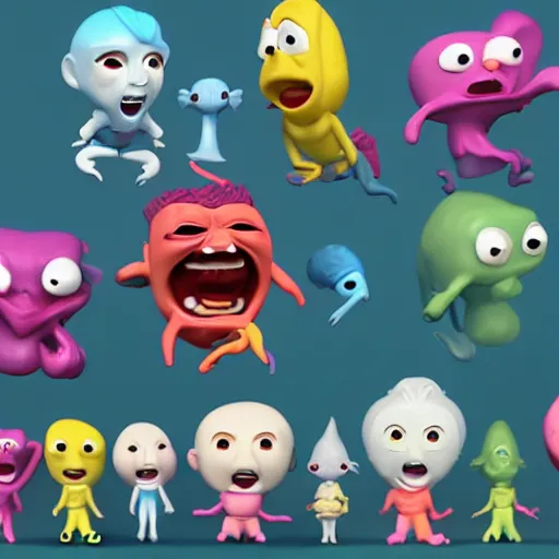 Image similar to single crazy melting plastic toy Pop Figure characterdesign product, C4d, by pixar, by dreamworks, screaming with drooling mouth open, in a Studio hollow, surrounded by flying particles