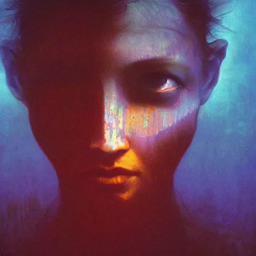 Image similar to expressive portrait of the digitally glitched soul, dramatic lighting, god rays, edges, universal background, facial expression, atmospheric lighting, motion design, by Beksinski, maze, sharp focus