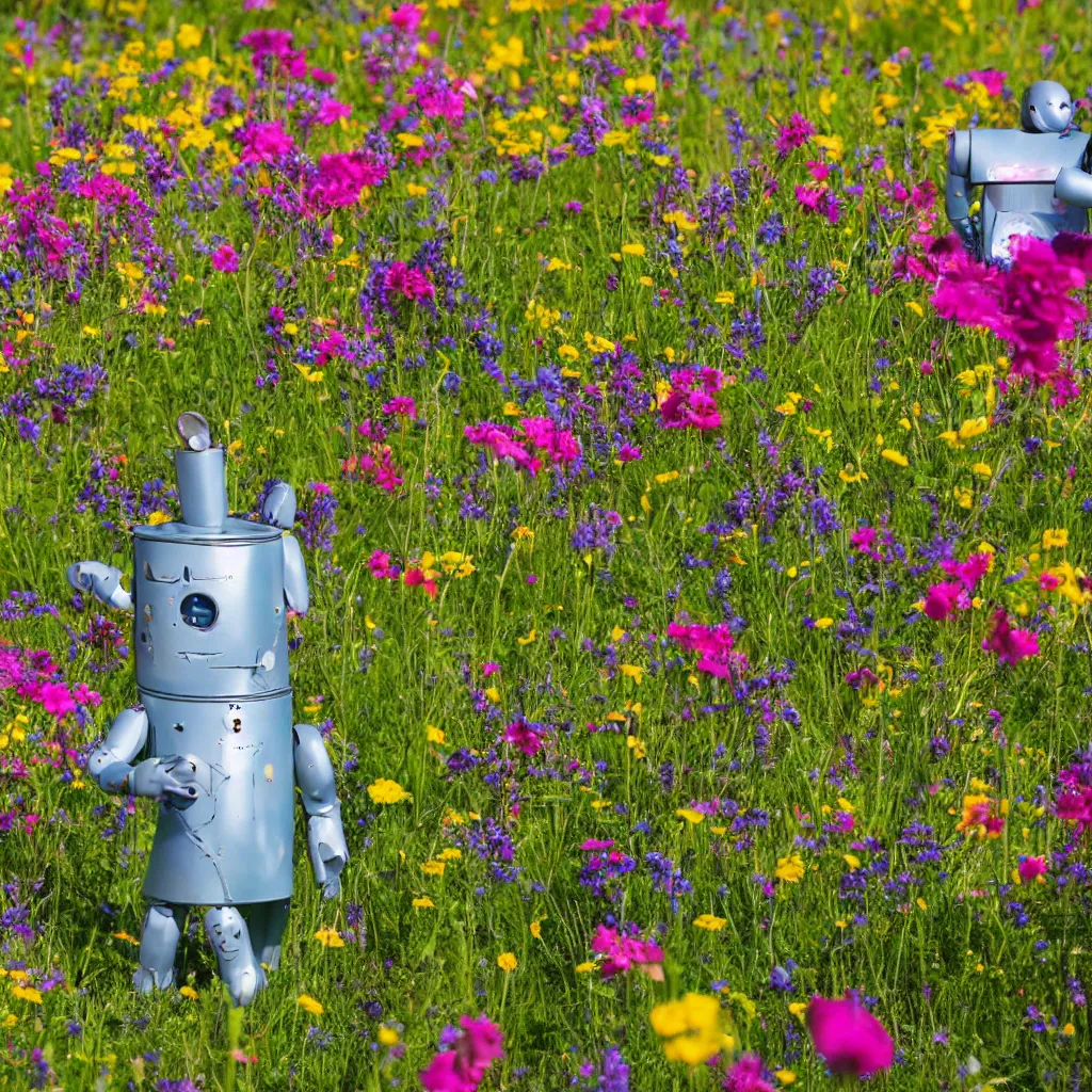 Image similar to a tin can robot in a colourful flower meadow in the alps, sunny weather, Carl Zeiss 85mm lens, bokeh