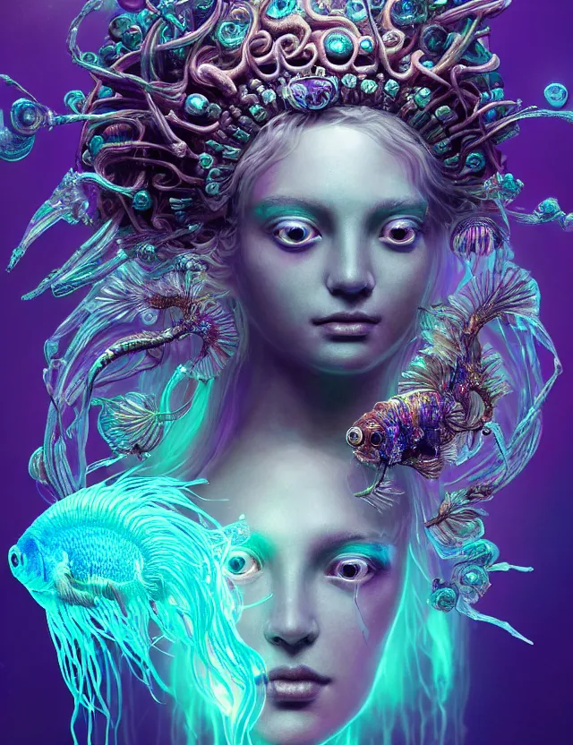 Image similar to goddess macro close - up portrait in crown made of ram skull. betta fish, jellyfish phoenix, bioluminiscent, plasma, ice, water, wind, creature, super intricate ornaments artwork by tooth wu and wlop and beeple and greg rutkowski