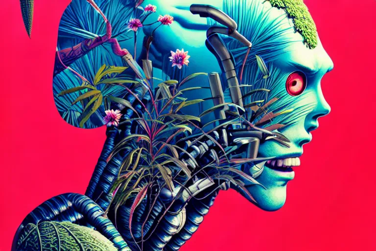 Image similar to gigantic robot head, a lot of exotic vegetation, trees, flowers by moebius, junji ito, tristan eaton, victo ngai, artgerm, rhads, ross draws, hyperrealism, intricate detailed, risograph