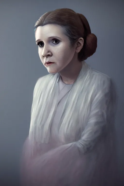 Image similar to a portrait of young carrie fisher, in the style of gottfried helnwein, dirk dzimirsky, gustave courbet, dramatic studio lighting, 3 5 mm f 1. 4 lens depth of field, octane render 8 k, hyperdetailed, trending on artstation, award winning