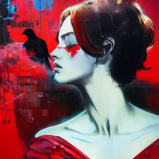 Image similar to portrait of a daydreaming melancholic latin woman in red habit being progressively rasterized into pixels from another world, she is surrounded by digital birds and a giant loving neon mecha robot is besides her, oil on canvas by yoji shinkawa, esao andrews, dave mckean and stina persson