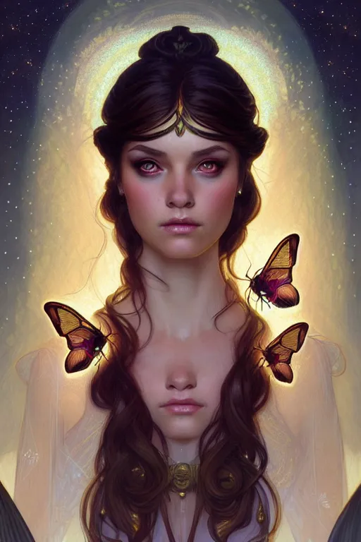 Image similar to symmetry portrait of brunette princess, glam, fae, fireflies, forest background, intricate, elegant, highly detailed, digital painting, artstation, concept art, smooth, sharp focus, illustration, art by artgerm and greg rutkowski and fra angelico and alphons mucha