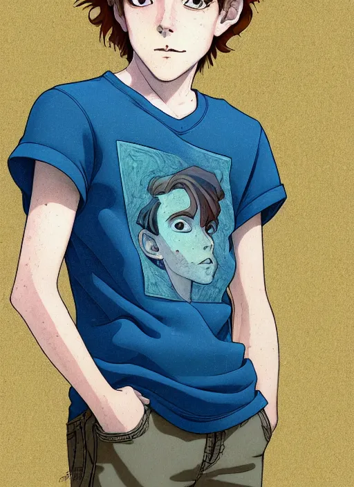 Prompt: art nouveau portrait of a teen boy with completely straight auburn hair, light blue eyes, pale skin, freckles, sad expression, t - shirt, modern casual clothing, natural lighting, path traced, highly detailed, high quality, cartoon, digital painting, by don bluth and ross tran and studio ghibli
