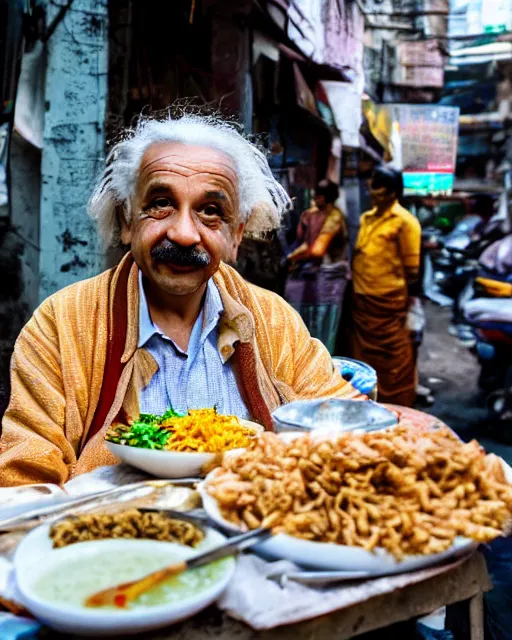 Prompt: A photo of Albert Einstein eating at a chaat stall in mumbai streets, highly detailed, trending on artstation, bokeh, 90mm, f/1.4