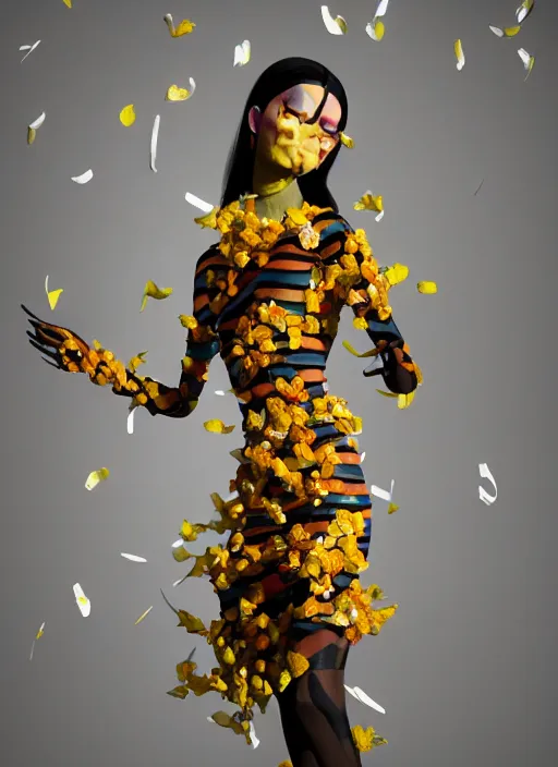 Image similar to an anthromorphic beautiful bee woman wearing striped couture made out of wax and paper and flower petals, at a fashion shoot, trending on Art Station, 3D, octane render,