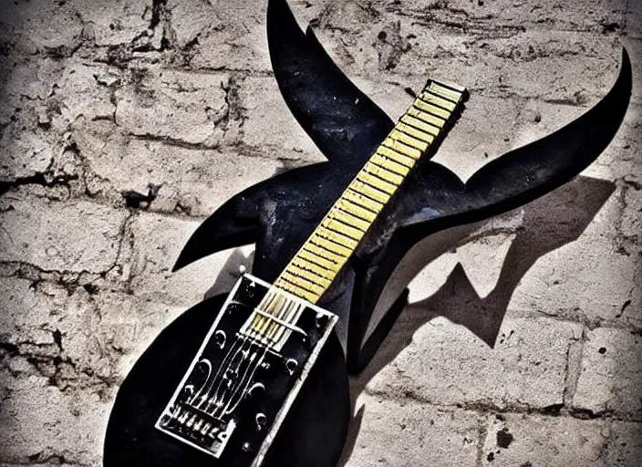 Image similar to metal guitar, goat head, satanic, Guitar, crazy guitar, heavy metal guitar design