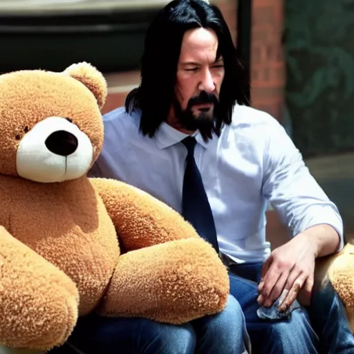 Prompt: sad keanu sitting on bench with huge stuffed teddybear