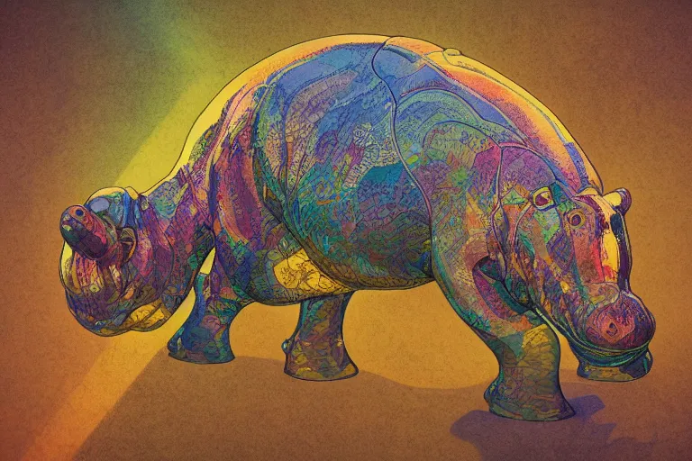 Prompt: beautiful mechanical hippopotamus by maxfield parrish, mandala, coherent design, symmetrical, vivid colors, digital watercolor ink illustration painting, complementary color, golden ratio, detailed, sharp lines, sharp focus, intricate, rainbowshift, artgerm, gustave dore, alphonse mucha, octane render