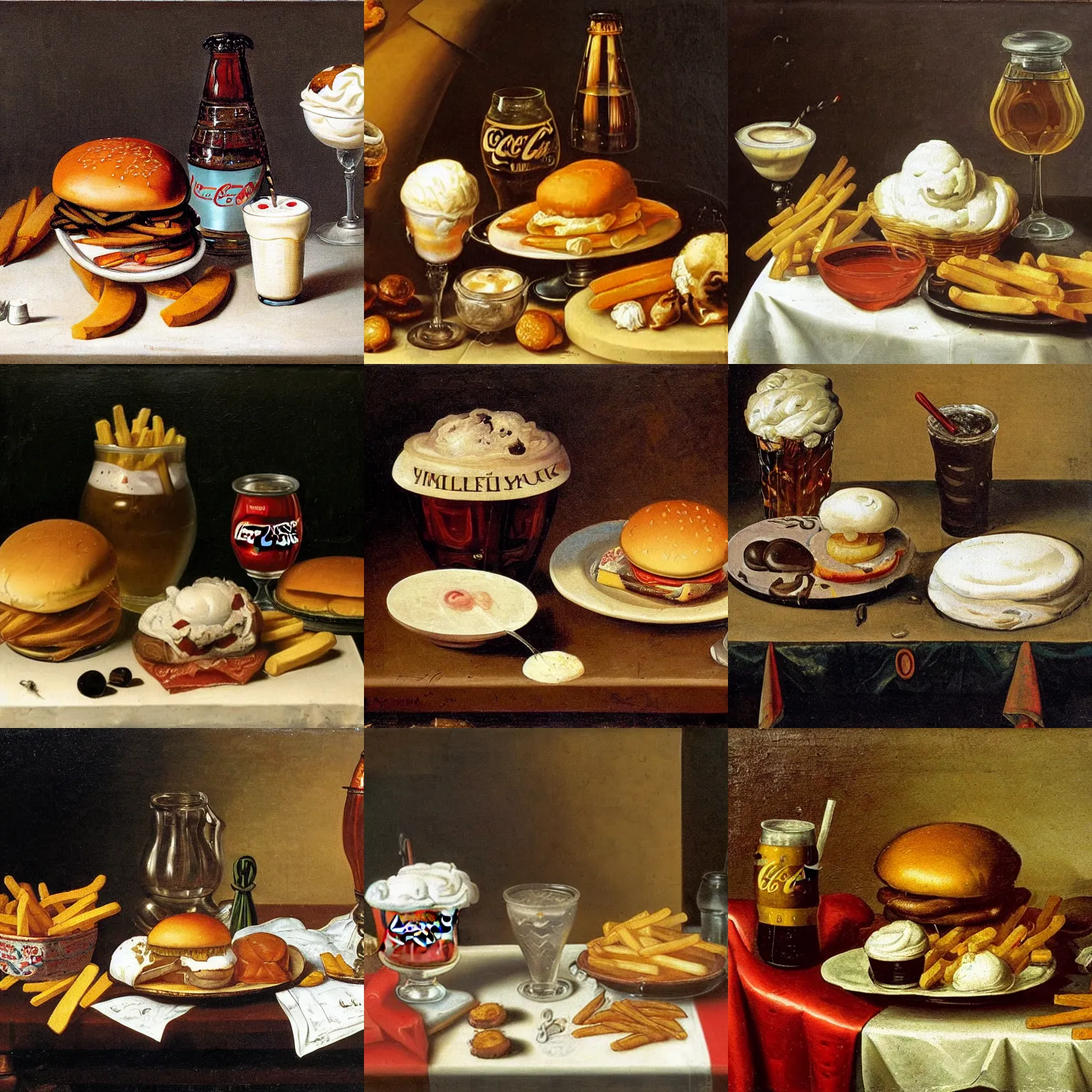 Prompt: Dutch Still Life from the 1600s, old oil painting: Table with milkshake, coca cola, french fries, hamburger, ice cream