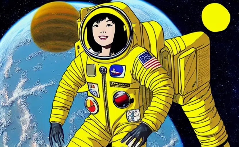 Image similar to yoko tsuno a female astronaut in yellow spacesuit floating in a scenic space environment