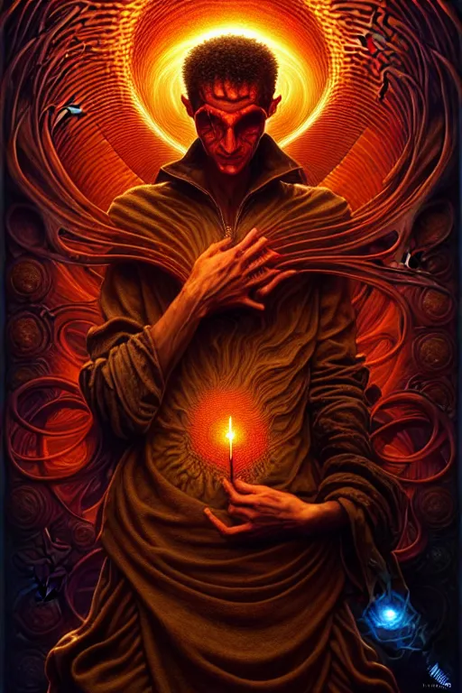 Prompt: The Software Developer, tarot card, by tomasz alen kopera and Justin Gerard, computer nerd, matrix text, thinkpad, hackerman, symmetrical features, ominous, magical realism, texture, intricate, ornate, royally decorated, whirling red smoke, embers, radiant colors, fantasy, trending on artstation, volumetric lighting, micro details, 3d sculpture, ray tracing, 8k, anaglyph effect