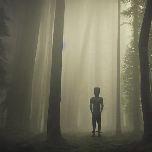 Prompt: a modern day ancient Egyptian pharaoh standing in a dark, gloomy forest, detailed, mythical, mist, fog, heavy fog, dark lighting, rim light, ambient light,