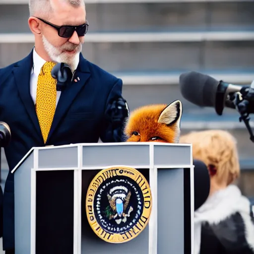 Prompt: a fox animal dressed in a suit giving a presidential speech, 8 5 mm f / 1. 4