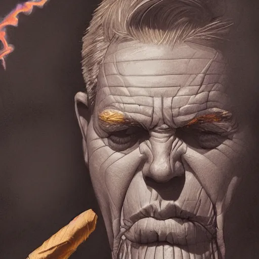 Image similar to a dramatic commission of thanos smoking a cigar with text feel free to screenshot,dramatic,award winning,inspirational,digital art,art by greg rutkowski,photorealistic,highly detailed,detailed face,professional lighting,deviantart,artstation,cg society