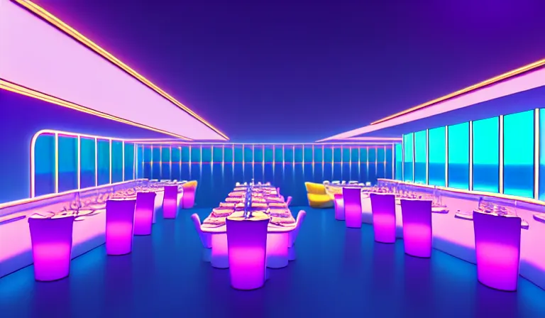 Image similar to a beautiful, sharp focus, clean lines. the interior of an art deco undersea restaurant. vaporwave ombre rendering. outrun style. fish. neon backlit jellyfish. trending on artstation. recommended for you behance. by chris moore. by edward hopper. ambient occlusion. digital matte painting. metropolis filmic. gotham city.