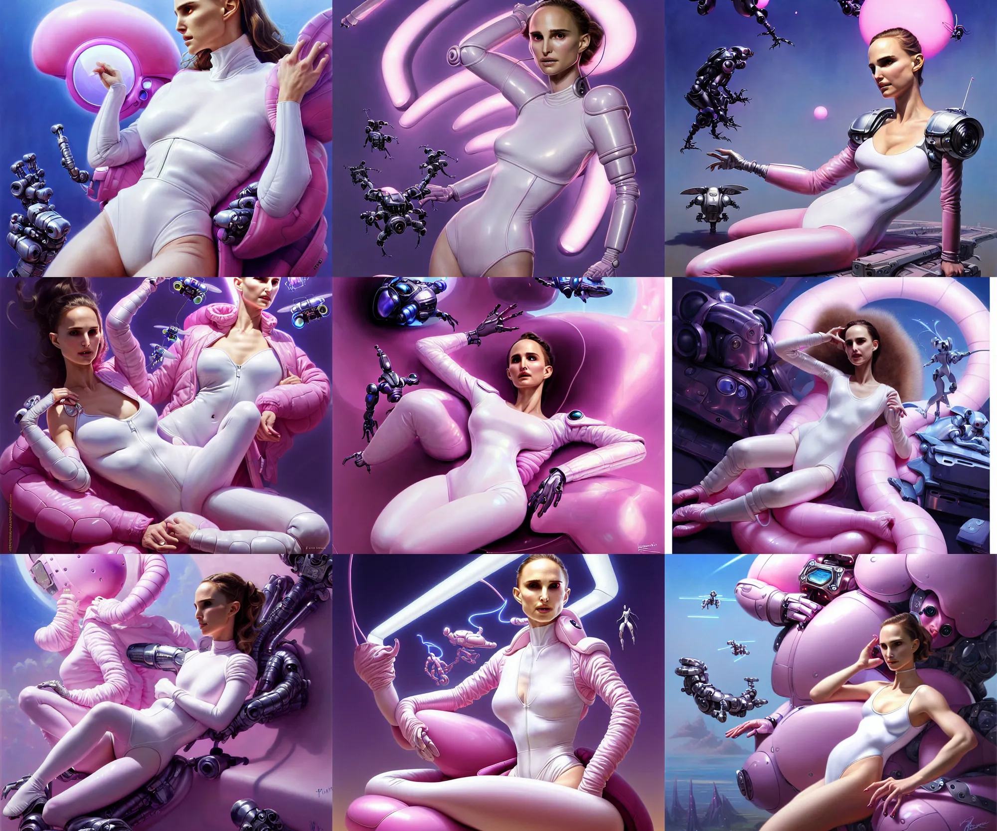 Prompt: beautiful fantasy character portrait, natalie portman, wearing pink puffy bomber jacket and white leotard, seductive reclining pose, futuristic chrome drones, ultra realistic, dramatic lighting, robots, the fifth element artifacts, highly detailed by peter mohrbacher, hajime sorayama, wayne barlowe, boris vallejo, aaron horkey, gaston bussiere, craig mullins
