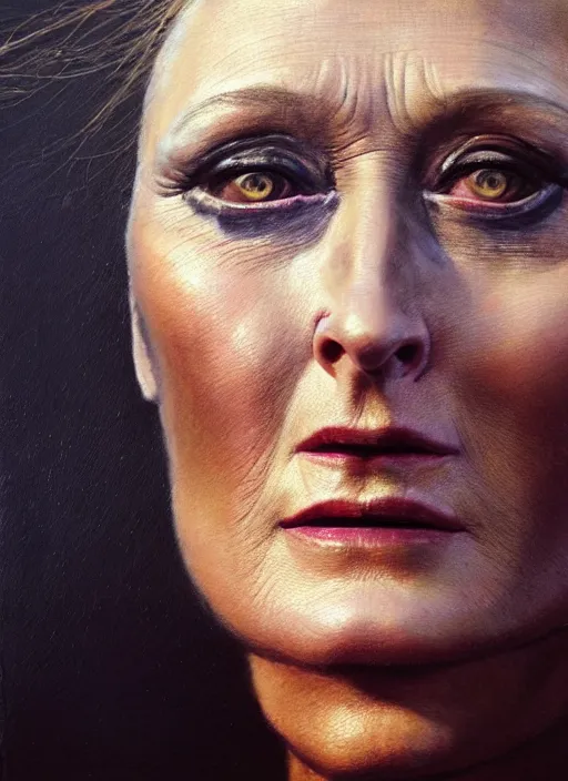 Prompt: portrait of meryl streep as a scheming warlord character in mad max 2 : the road warrior, film still, detailed realism face in painting, detailed beautiful portrait, oil painting masterpiece, 8 k resolution, smooth, sharp focus, trending on artstation, by rembrandt