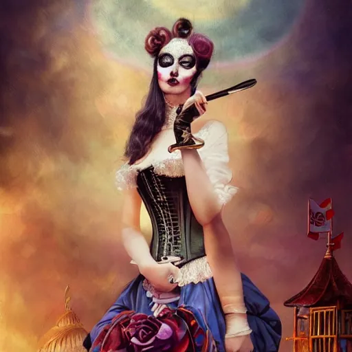 Image similar to photorealistic soft paint of a curiosities carnival, single young beautiful masqued dollpunk in a full steampunk corset, symmetry accurate features, ominous depths, elegance, focus, rainbow lighting, very high details, award winning masterpiece, behance, by tom bagshaw