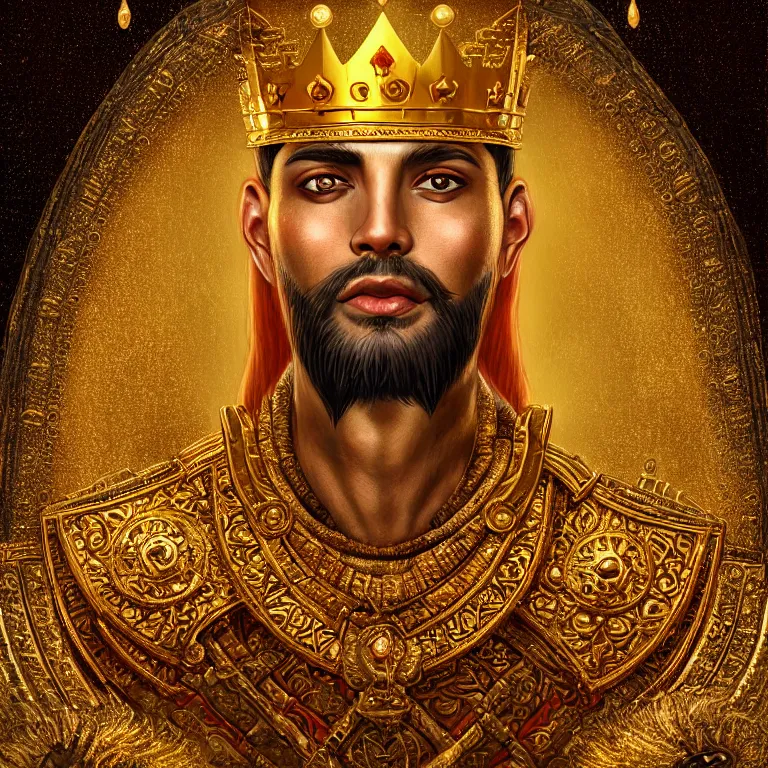 Prompt: highly detailed portrait of agharta ´ s king brightening on gold majestic in the entrance castle kingdom of agharta, land of advanced races, giant, hollow earth infographic, hiperrealistc, global illumination, radiant light, detailed and intricate environment, trending on artstation, art by oleg oprisco, 8 k