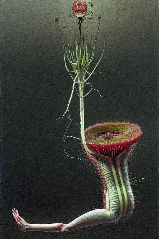 Image similar to a hyperrealistic painting of a guy caught in a venus flytrap carnivorous plant tundra, by john kenn mortensen and zdzislaw beksinski, highly detailed, vivid color,