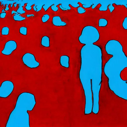 Image similar to a red person inside a giant herd of blue people, symbolist, visionary, dreamlike