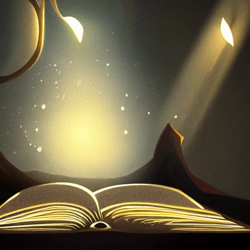 Prompt: light falling on a mythical book in dark background, dark color scheme, artstation