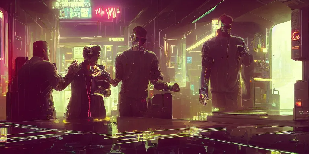 Prompt: two artists and a bot having a private meeting in a virtual secured metaverse room, holograms, funtime corporation branding, by greg rutkowski, cyberpunk 2 0 4 8, blade runner 2 0 9 9, 4 k, ominous, elegant, golden ratio, awe inspiring