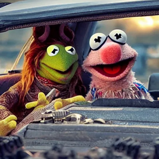 Prompt: Photo of muppets in mad max movie