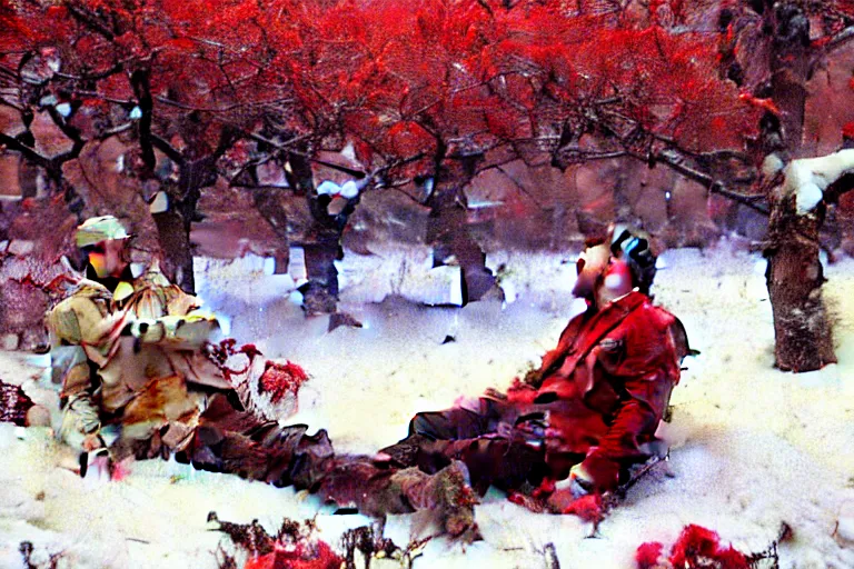 Prompt: winter, a clean - shaven white businessman relaxing under a world tree with red flowers, ground covered with snow, extreme long shot, painting by gaston bussiere, craig mullins, j. c. leyendecker, trending on artstation