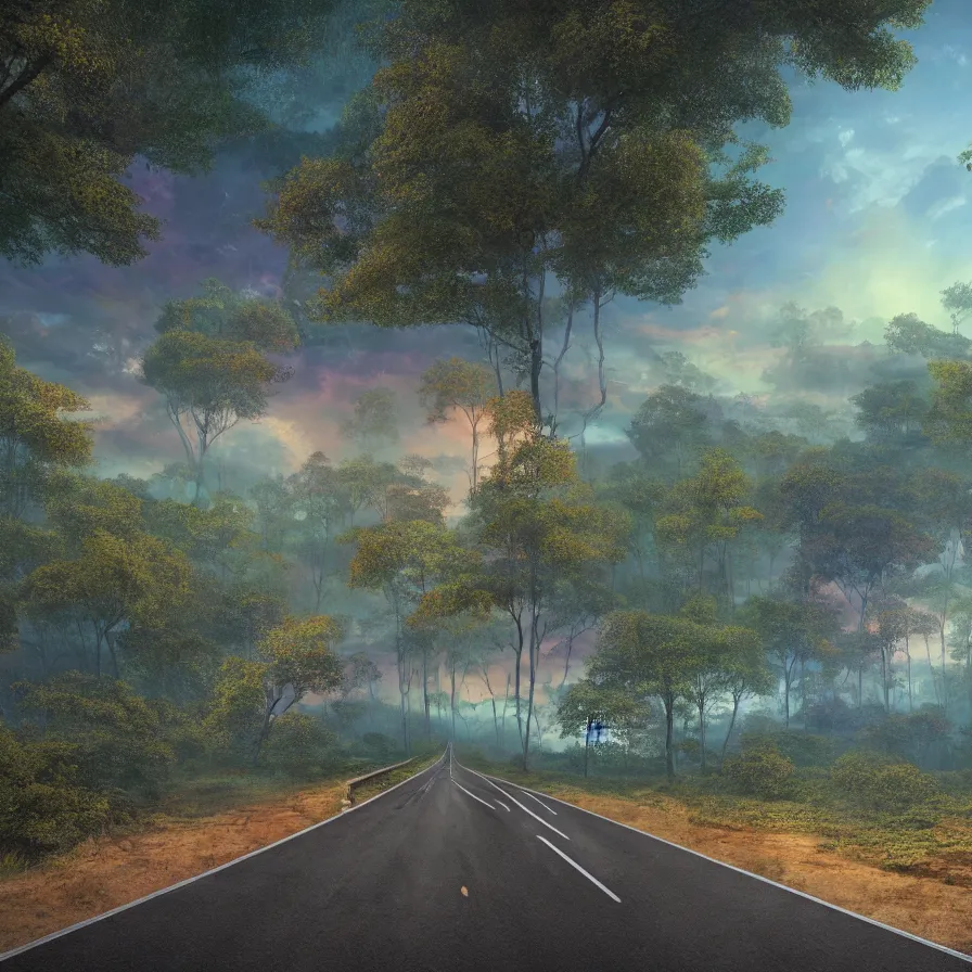 Prompt: surrealist abstract artwork of a highway road leading to the horizon through a thick forest down a rocky mountain coast towards the sunset. atmospheric landscape, soft tones, psychedelic, ultra realistic, concept art, modern art, photorealistic, octane render. art by nori inoguchi and sam kaplan and zachary goulko and christopher marley