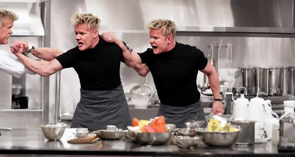 Image similar to photo of angry furious Gordon Ramsay punching Gordon Ramsay at the kitchen