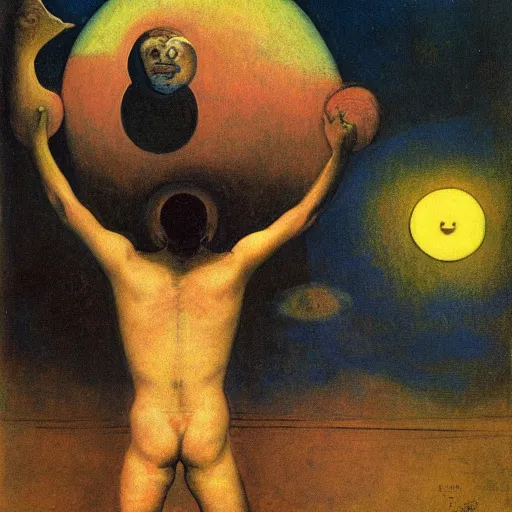 Prompt: the emperor of giants swallows the moon, by Odilon Redon, by Francisco Goya, by M.C. Escher, oil on canvas, beautiful, eerie, surreal, colorful